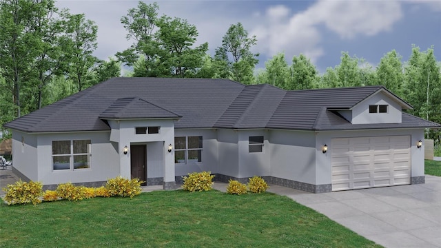 view of front of house with stucco siding, a front yard, a garage, driveway, and a tiled roof