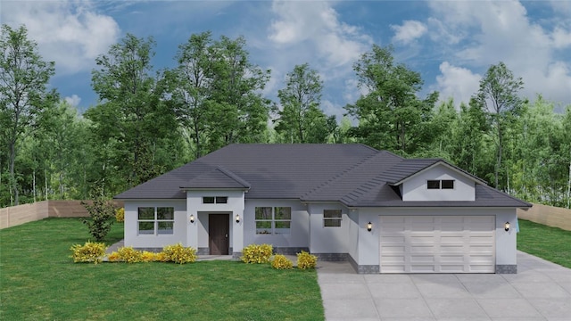 view of front of property featuring concrete driveway, a tiled roof, an attached garage, fence, and a front yard