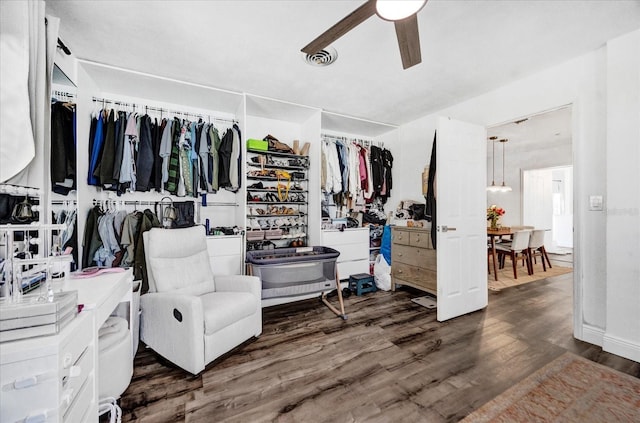 spacious closet with ceiling fan and dark wood-style flooring