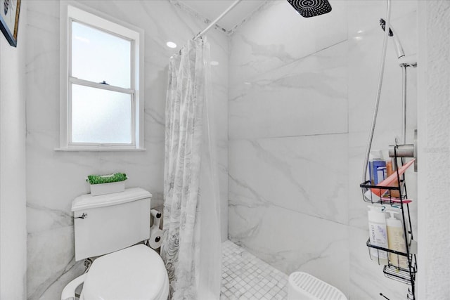 full bathroom with a stall shower and toilet