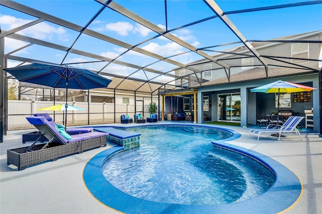 view of swimming pool featuring a fenced in pool, a patio, an outdoor hangout area, a lanai, and fence