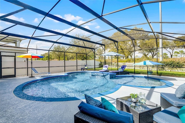 view of pool featuring a fenced in pool, a patio, a fenced backyard, a lanai, and an outdoor living space
