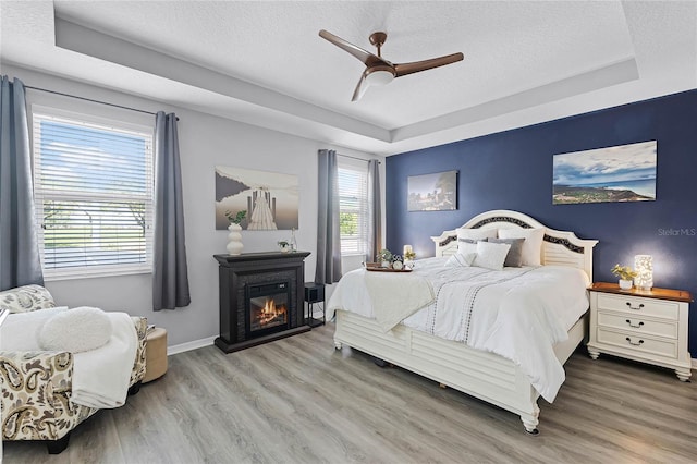 bedroom with a glass covered fireplace, a raised ceiling, and wood finished floors