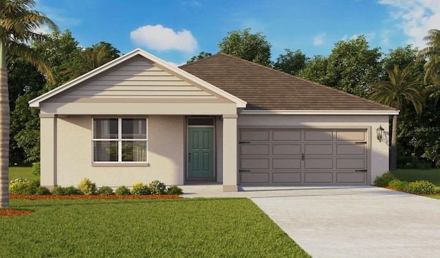 ranch-style home featuring a front yard, concrete driveway, an attached garage, and stucco siding