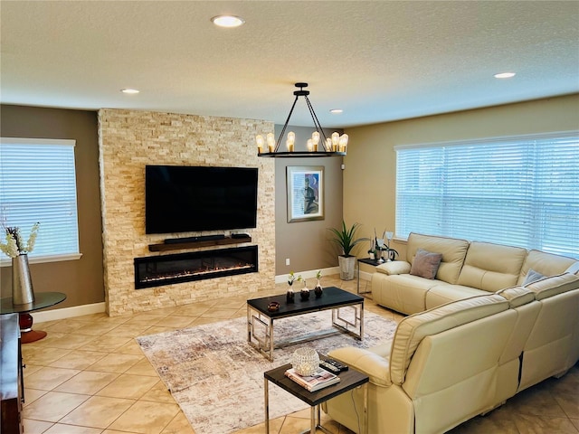 living room with a fireplace, recessed lighting, a textured ceiling, baseboards, and tile patterned floors