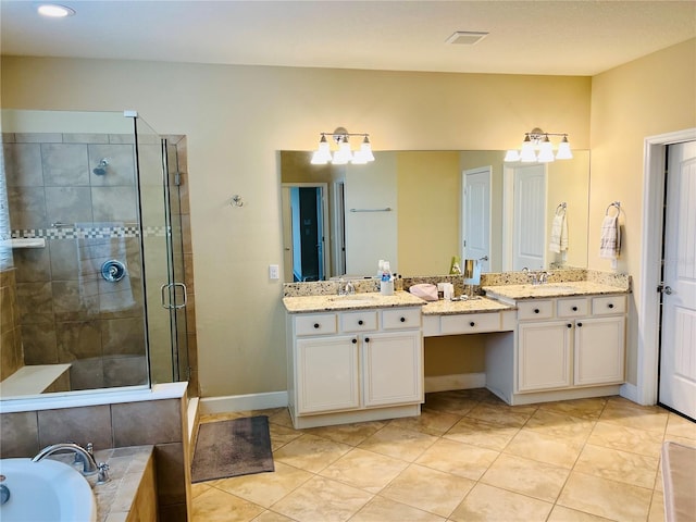 full bath with a stall shower, baseboards, a bathing tub, tile patterned floors, and vanity