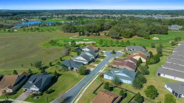 aerial view featuring a water view, a residential view, and golf course view