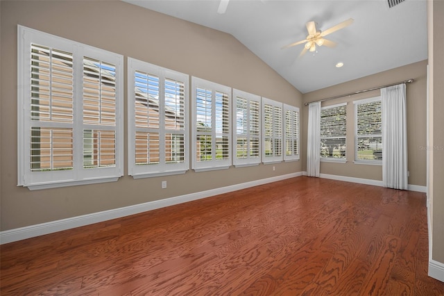 unfurnished sunroom featuring vaulted ceiling and ceiling fan