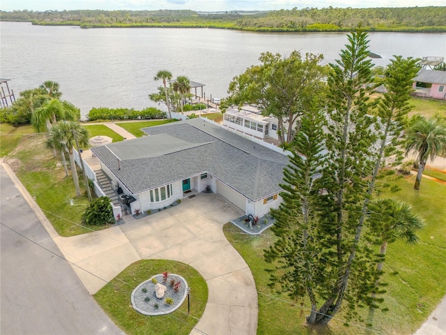 drone / aerial view with a water view