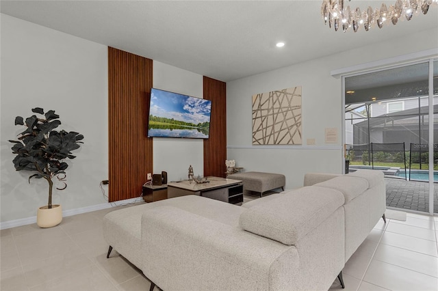 living room featuring recessed lighting, baseboards, and light tile patterned floors