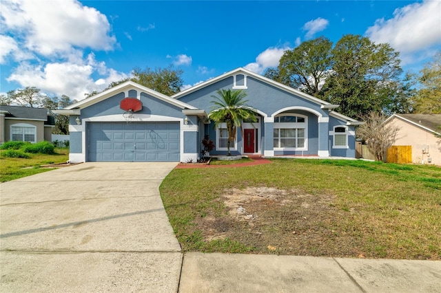 single story home featuring a garage, stucco siding, concrete driveway, and a front yard