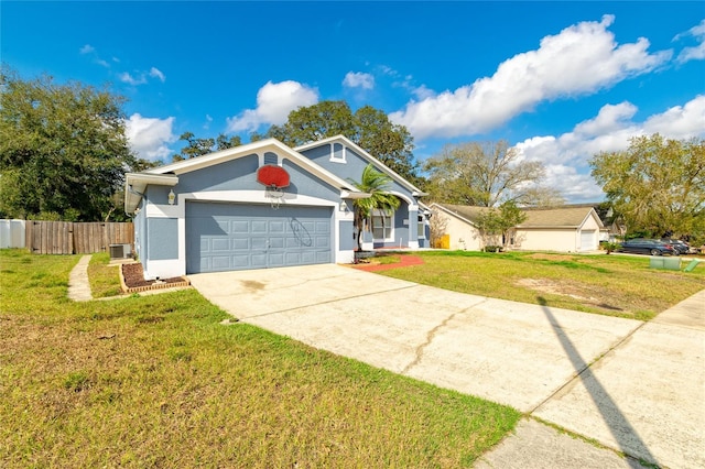 ranch-style home featuring stucco siding, an attached garage, fence, driveway, and a front lawn