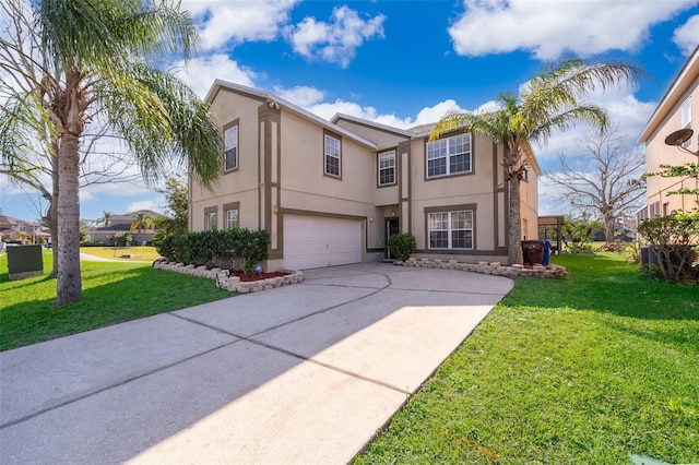 traditional home featuring an attached garage, a front lawn, concrete driveway, and stucco siding