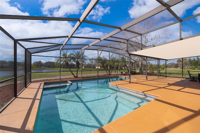 view of swimming pool featuring a water view, glass enclosure, a pool with connected hot tub, and a patio