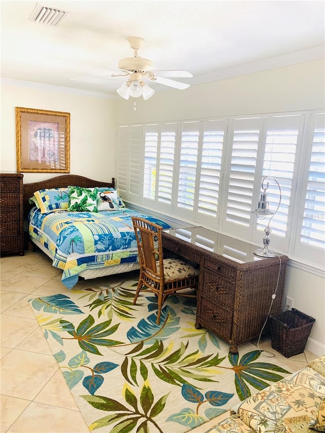 bedroom with light tile patterned flooring, ceiling fan, visible vents, and ornamental molding