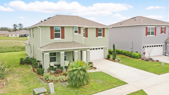 view of front facade featuring a garage, a shingled roof, concrete driveway, stucco siding, and a front lawn