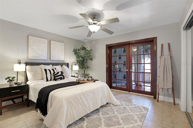 bedroom with french doors, ceiling fan, baseboards, and light tile patterned floors