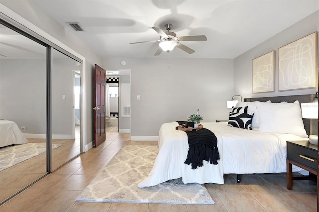 bedroom with light tile patterned flooring, a ceiling fan, visible vents, baseboards, and a closet