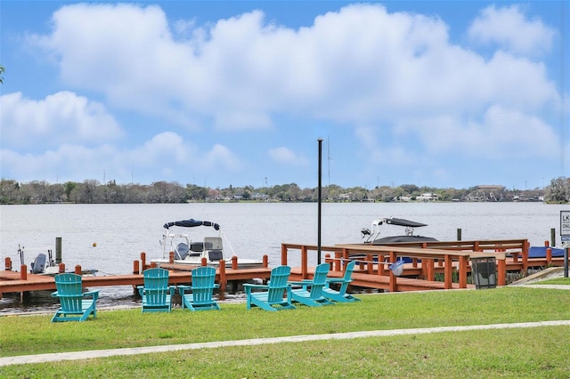 dock area featuring a water view and a yard