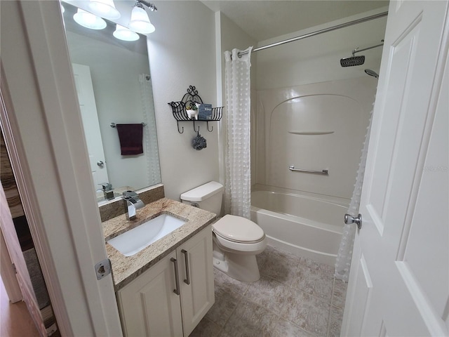 bathroom with shower / bath combo, tile patterned flooring, vanity, and toilet