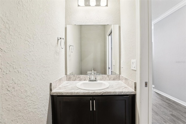 411 Lily Ln, Davenport, FL 33837 - bathroom featuring vanity, a textured wall, and wood finished floors