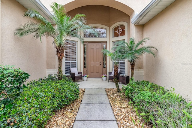 view of exterior entry with stucco siding