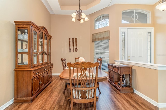 dining space with a chandelier, a tray ceiling, wood finished floors, and baseboards