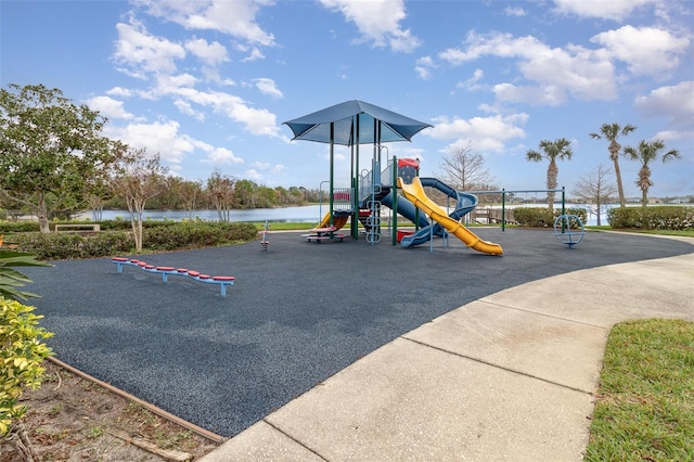 community play area with a water view