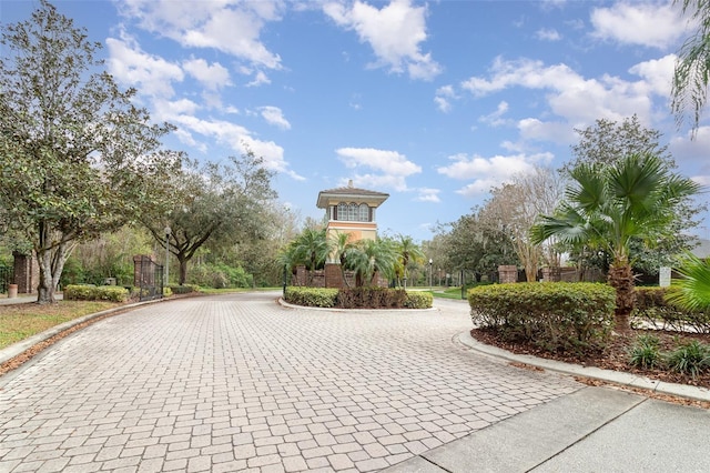 view of property's community featuring decorative driveway and a gate