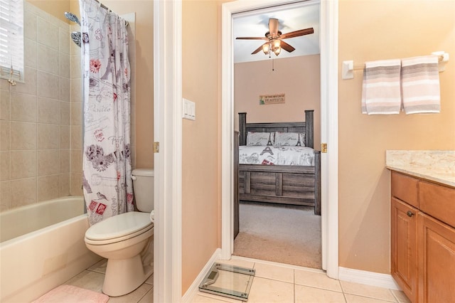 full bathroom with connected bathroom, toilet, shower / tub combo with curtain, tile patterned floors, and vanity