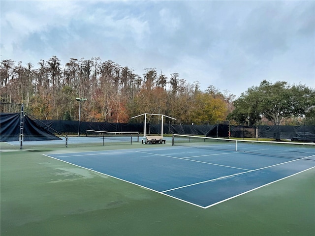 view of tennis court with fence