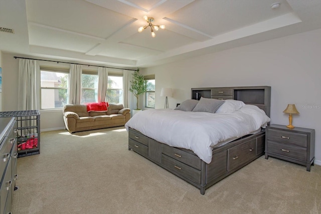 bedroom featuring light colored carpet, coffered ceiling, visible vents, and baseboards