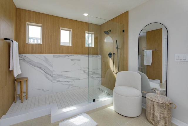 bathroom featuring tile patterned flooring and walk in shower