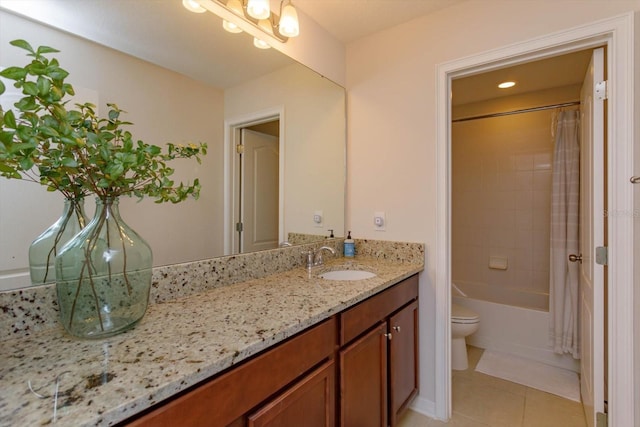 full bath with toilet, vanity, shower / bath combo with shower curtain, and tile patterned floors