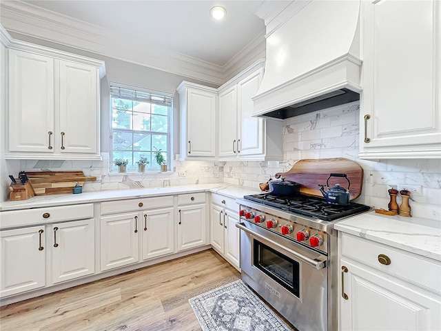 kitchen with premium range hood, crown molding, designer range, and white cabinetry