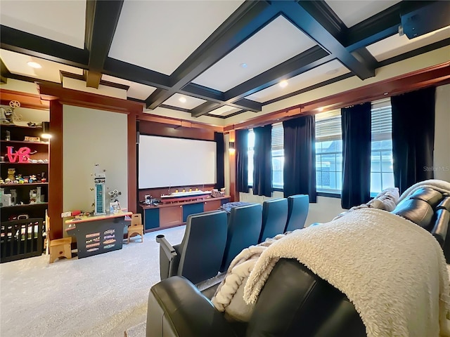 carpeted cinema featuring beam ceiling and coffered ceiling