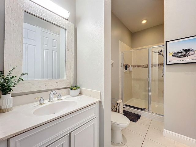 bathroom featuring toilet, a shower stall, vanity, and tile patterned floors