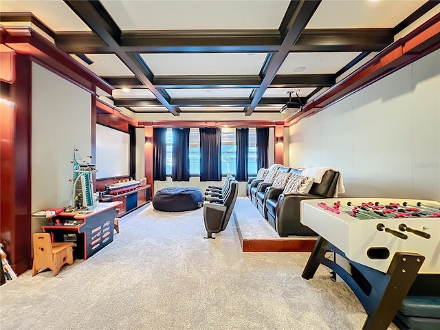 home theater room featuring coffered ceiling, beamed ceiling, and carpet flooring