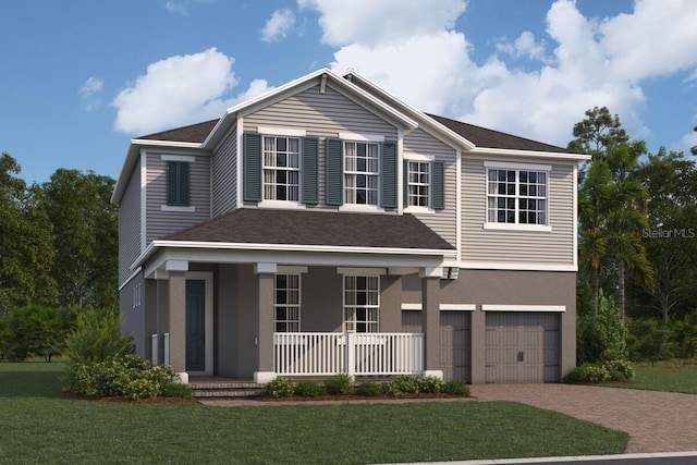 view of front facade featuring a porch, an attached garage, decorative driveway, stucco siding, and a front lawn