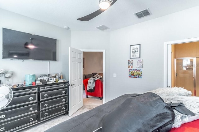 17437 Promenade Dr, Clermont, FL 34711 - bedroom featuring light carpet, a ceiling fan, and light tile patterned floors
