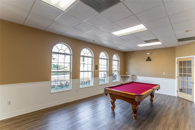 17437 Promenade Dr, Clermont, FL 34711 - game room with a paneled ceiling, wood finished floors, wainscoting, plenty of natural light, and pool table