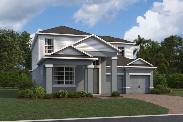 view of front of home featuring roof with shingles, an attached garage, decorative driveway, a front lawn, and stucco siding