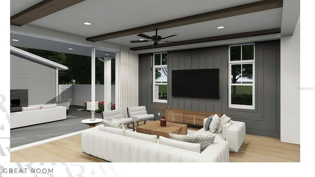 166 Hammock Preserve Loop, Winter Garden, FL 34787 - living room featuring beam ceiling, wood finished floors, ceiling fan, and a premium fireplace