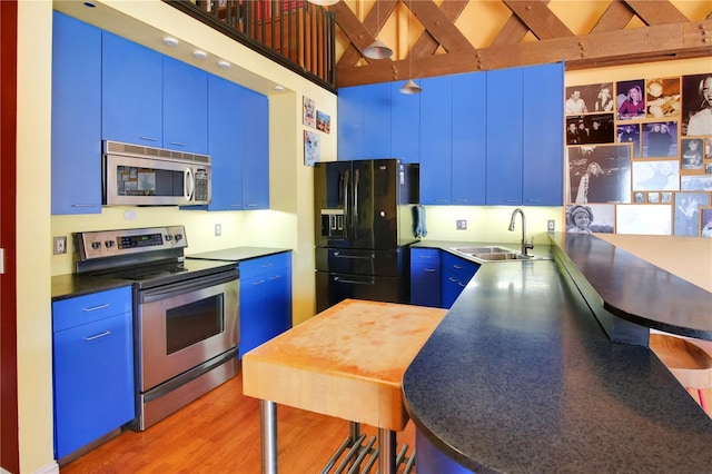 kitchen featuring light wood finished floors, blue cabinetry, appliances with stainless steel finishes, and a sink