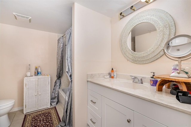 bathroom featuring shower / bath combo, visible vents, toilet, tile patterned flooring, and vanity