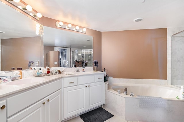 full bath featuring tile patterned flooring, a sink, a shower stall, a bath, and double vanity