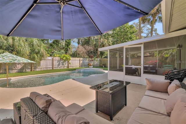 view of swimming pool with a fenced backyard, an outdoor hangout area, a sunroom, a fenced in pool, and a patio area