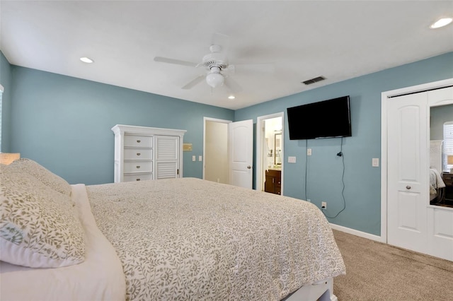 carpeted bedroom with recessed lighting, visible vents, and baseboards