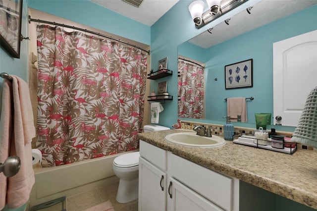 full bathroom featuring visible vents, toilet, tile patterned floors, shower / bathtub combination with curtain, and vanity