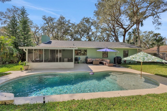 rear view of property featuring a chimney, a sunroom, a patio area, an outdoor pool, and an outdoor living space